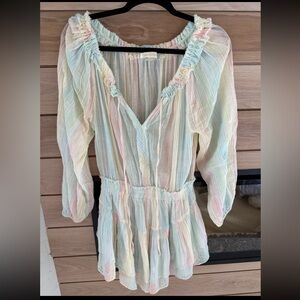 Loveshackfancy Pastel Striped Sheer Ruffle Dress with  Long Sleeves Size S